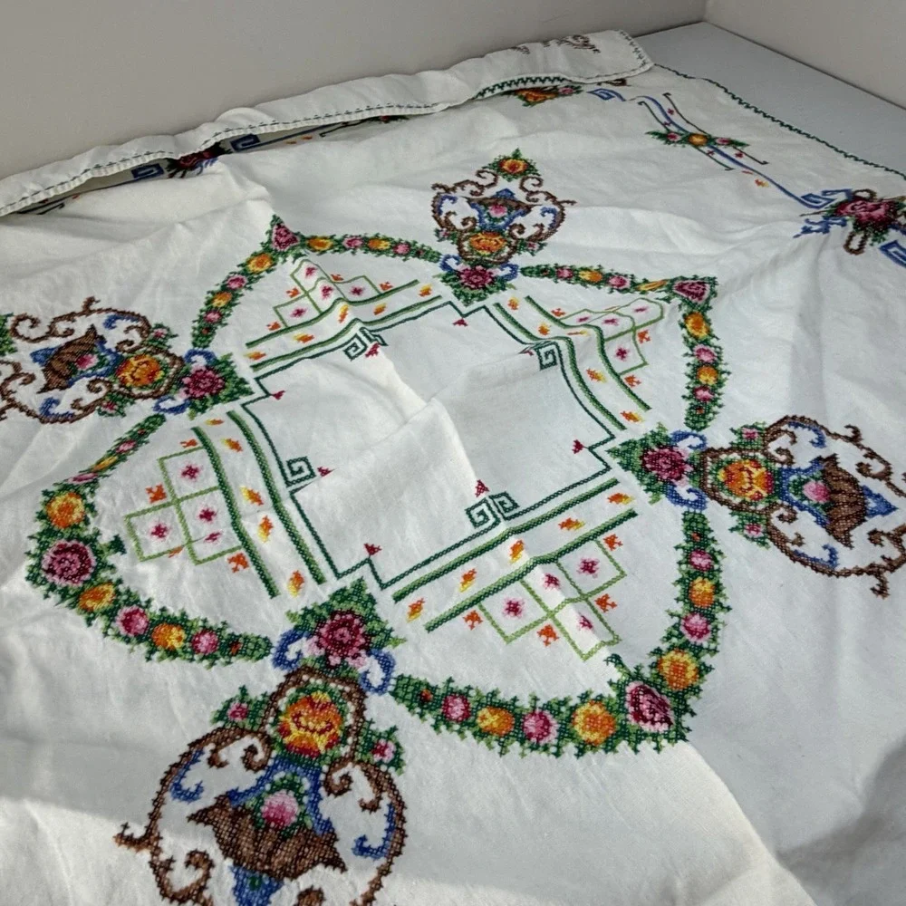 Beautiful Handmade Vintage Cross Stitch Tablecloth Handmade 31